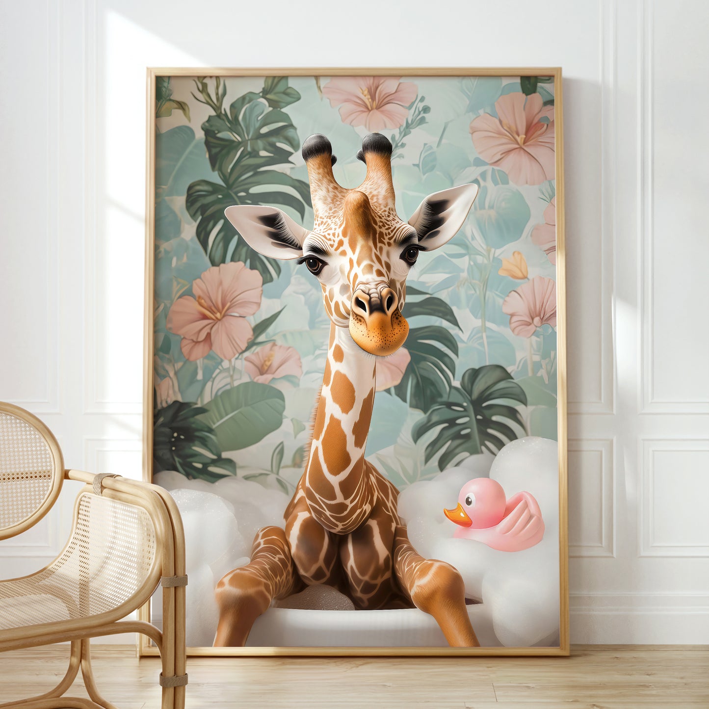 a picture of a giraffe sitting in front of a flowered wall