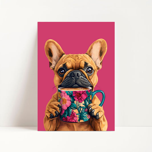 a painting of a dog holding a coffee cup