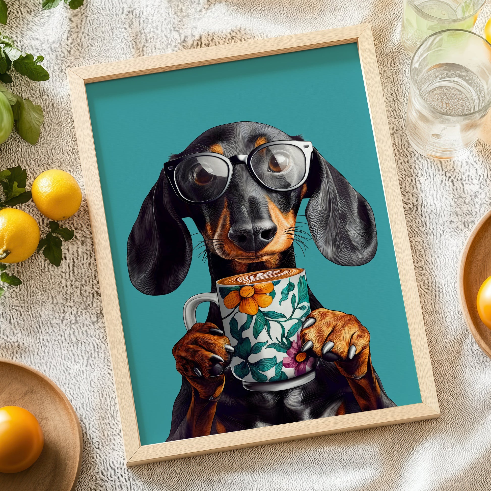 a picture of a dachshund dog with a cup of coffee