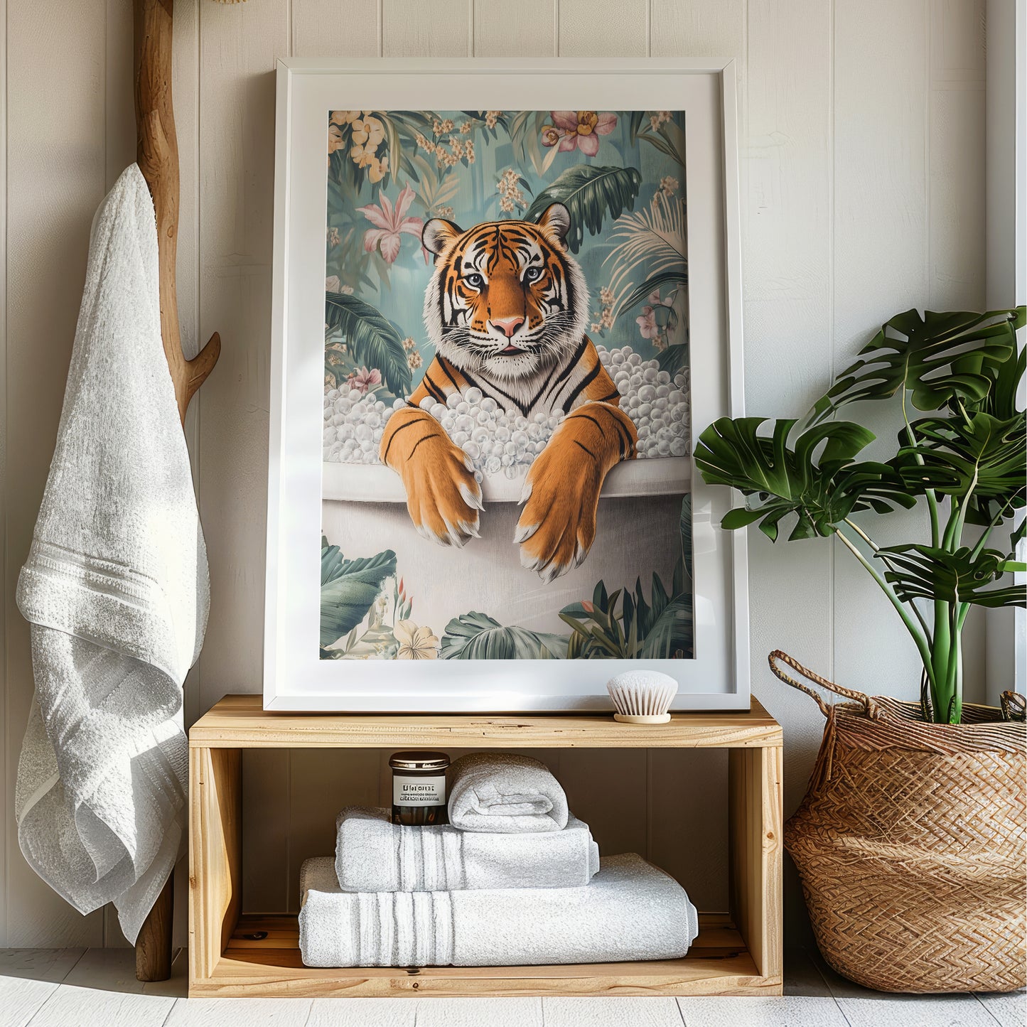 a picture of a tiger sitting on a shelf