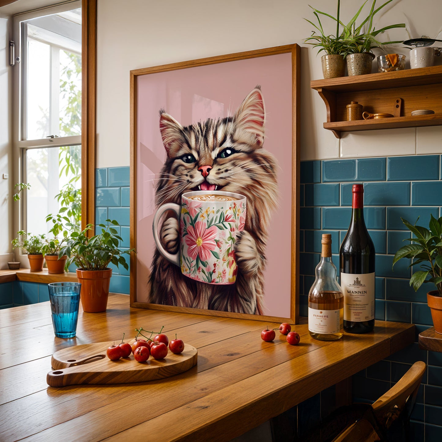 a painting of a cat holding a coffee cup