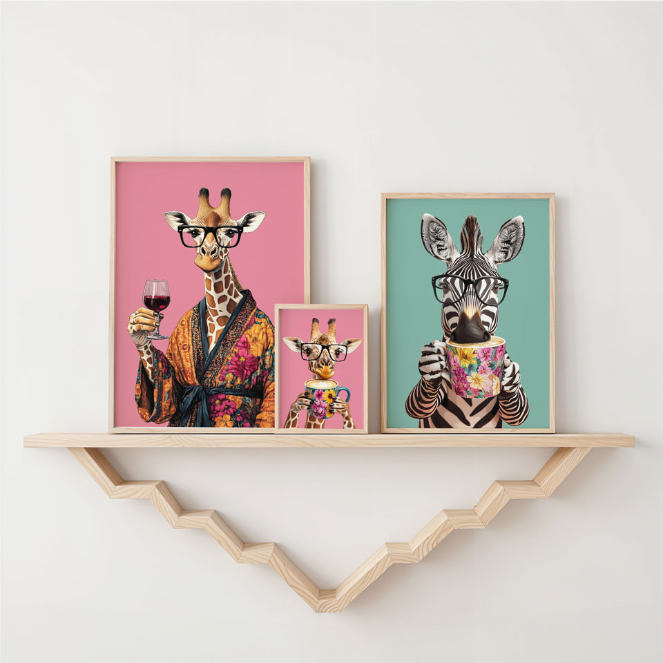 two giraffes and a zebra on a shelf