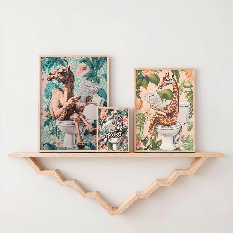 a couple of pictures on a shelf above a toilet