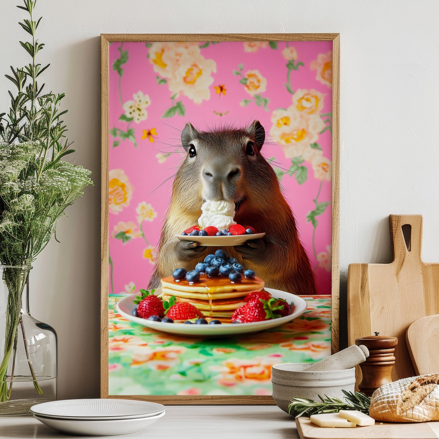 a picture of a rodent eating a stack of pancakes