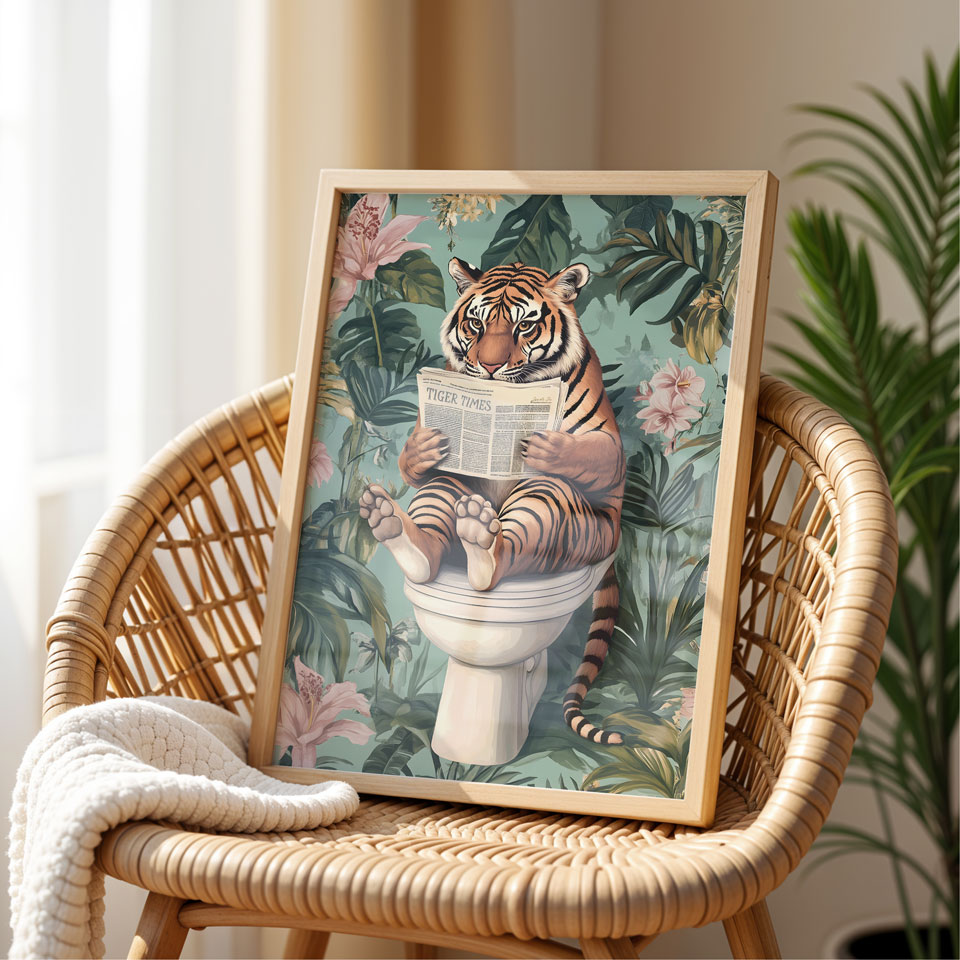a picture of a tiger sitting on top of a toilet