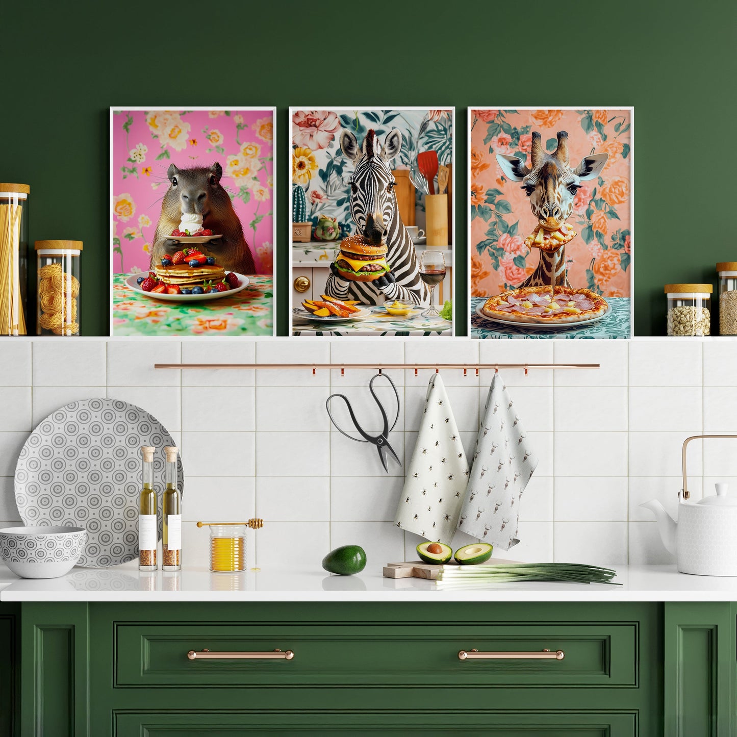 a kitchen with green cabinets and artwork on the wall