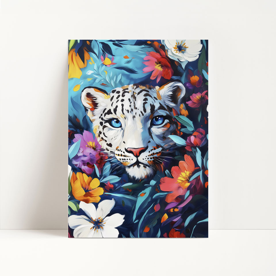 a painting of a white tiger surrounded by flowers