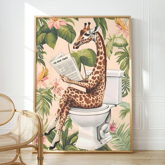 a giraffe sitting on a toilet reading a newspaper