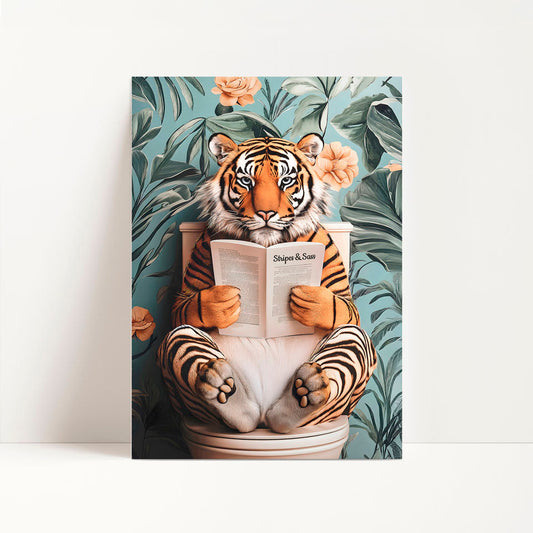 a tiger sitting on a toilet reading a book