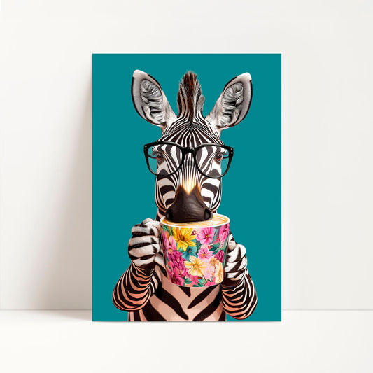 a zebra with glasses holding a cup of coffee