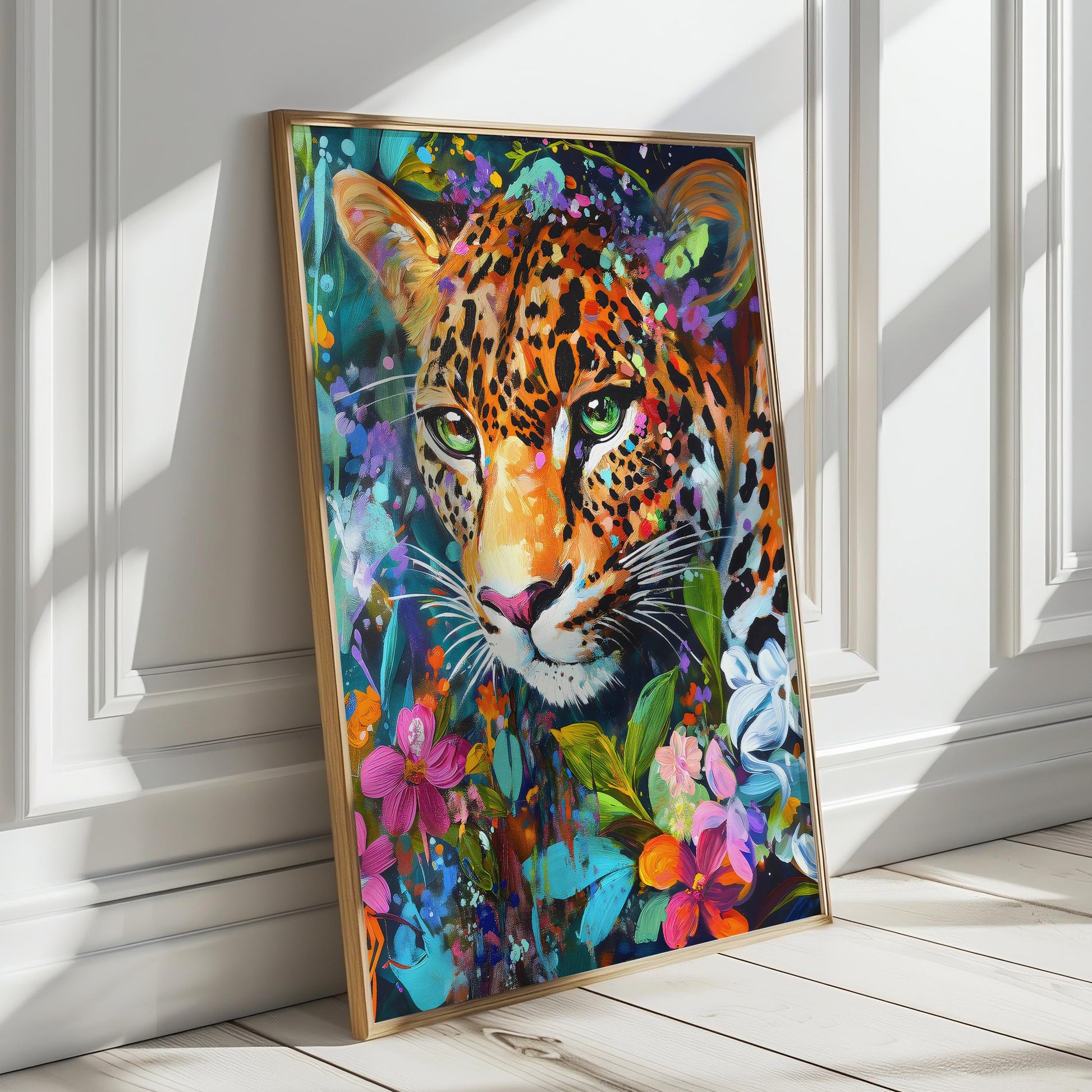 a painting of a leopard surrounded by flowers