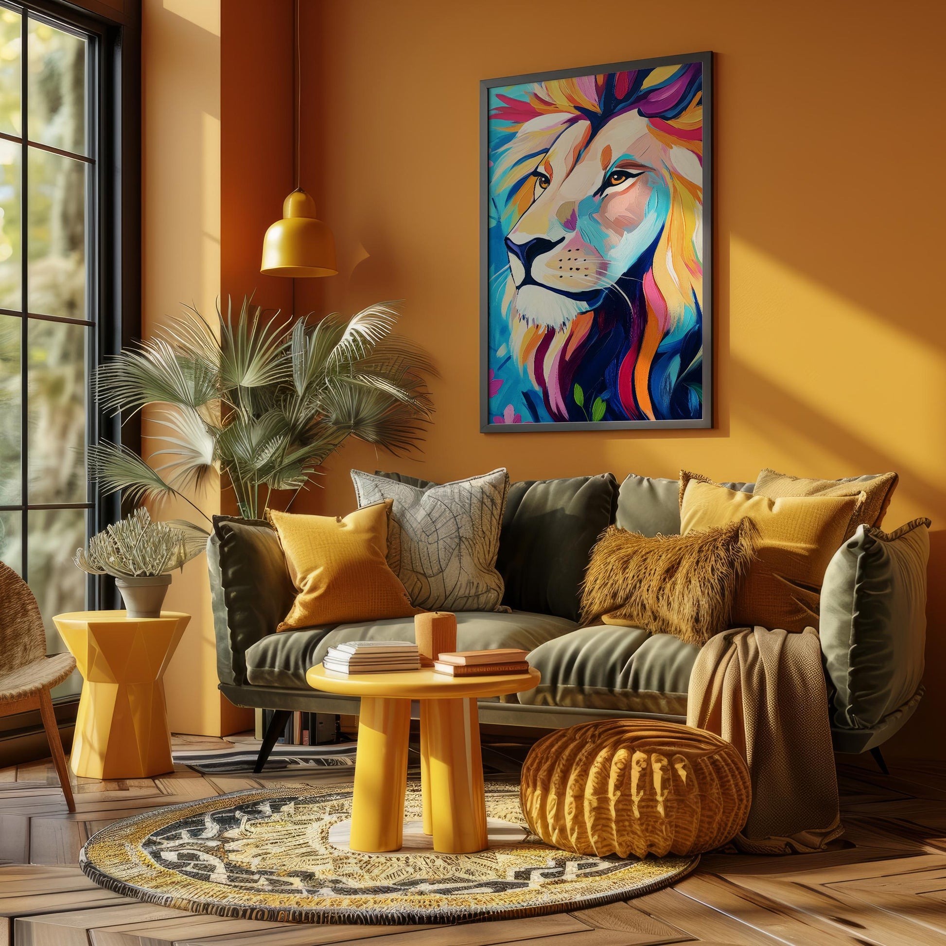 a living room filled with furniture and a painting on the wall