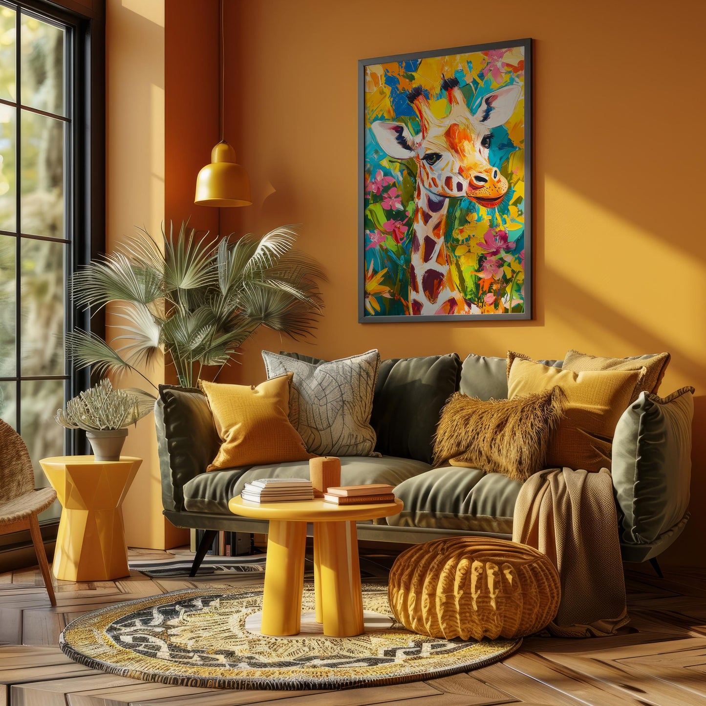 a living room with a giraffe painting on the wall