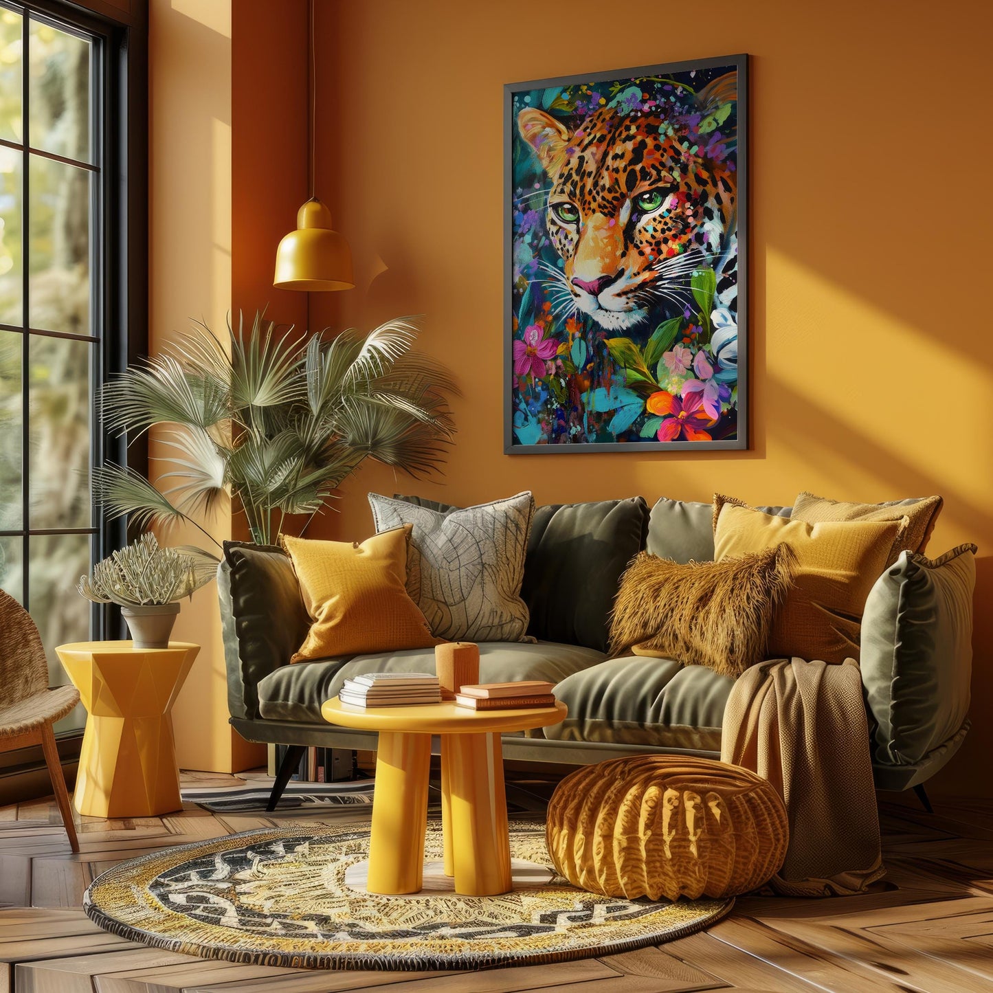 a living room filled with furniture and a painting on the wall