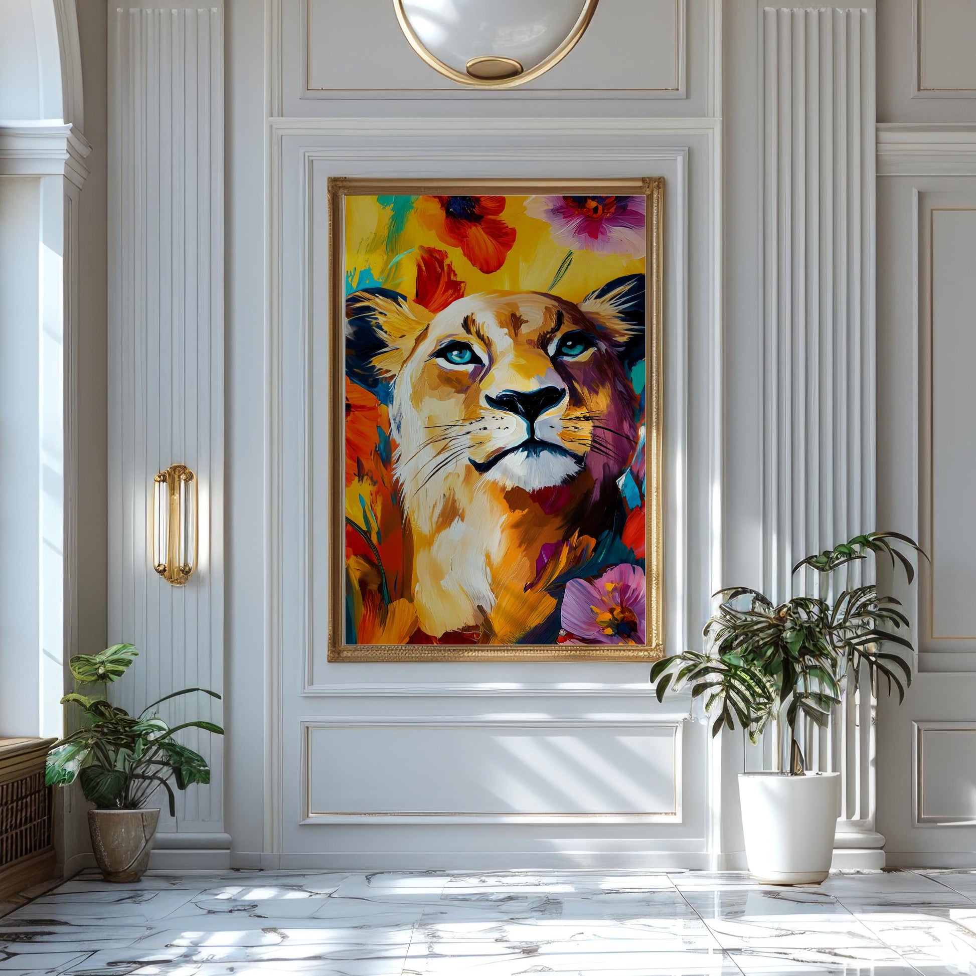 a painting of a lion in a white room