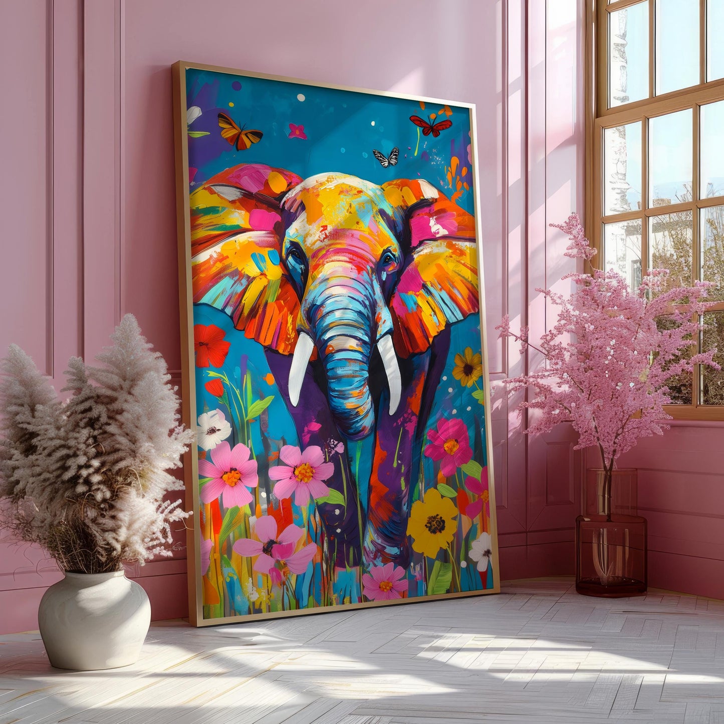 a painting of an elephant in a pink room