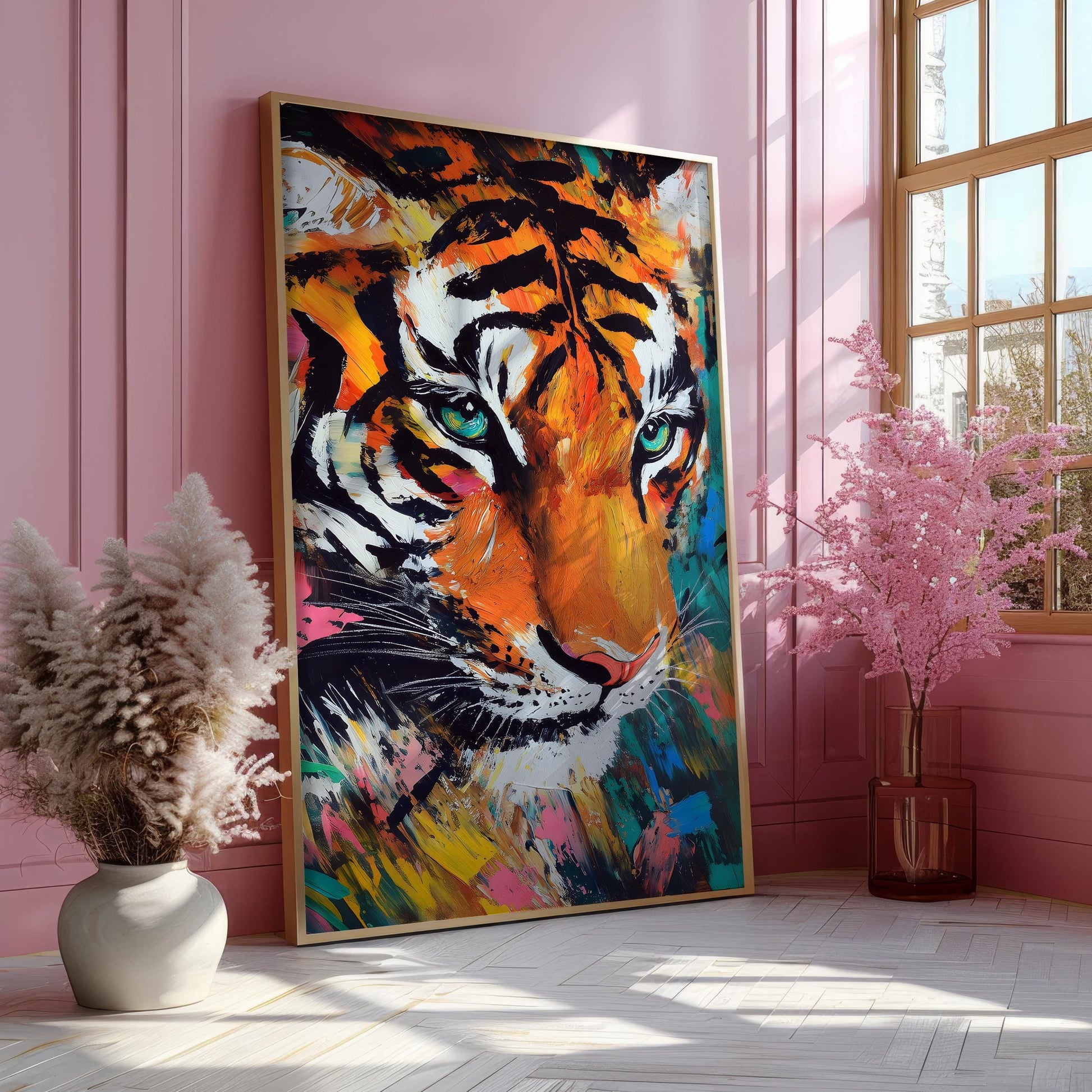 a painting of a tiger on a pink wall