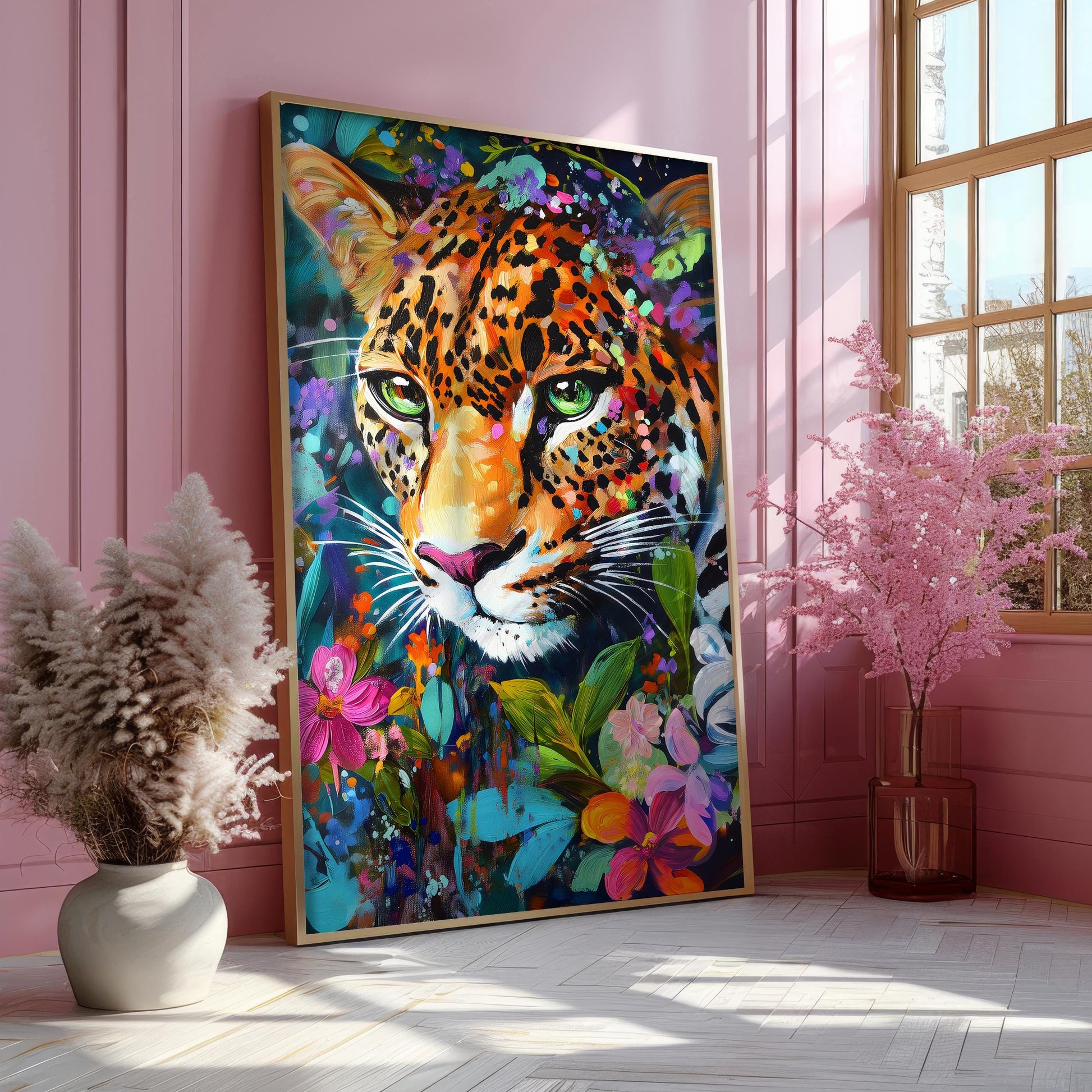 a painting of a leopard in a pink room