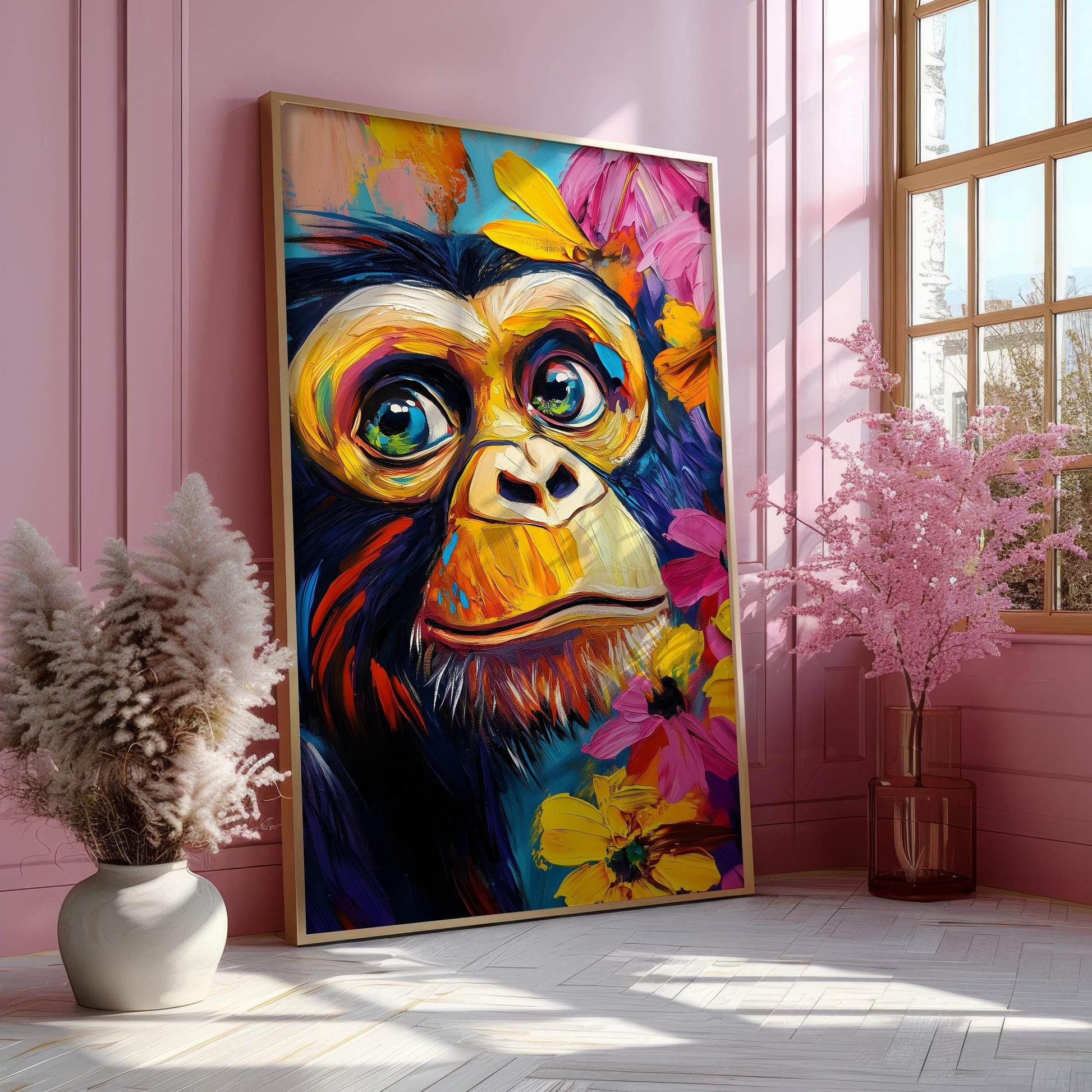 a painting of a monkey on a pink wall