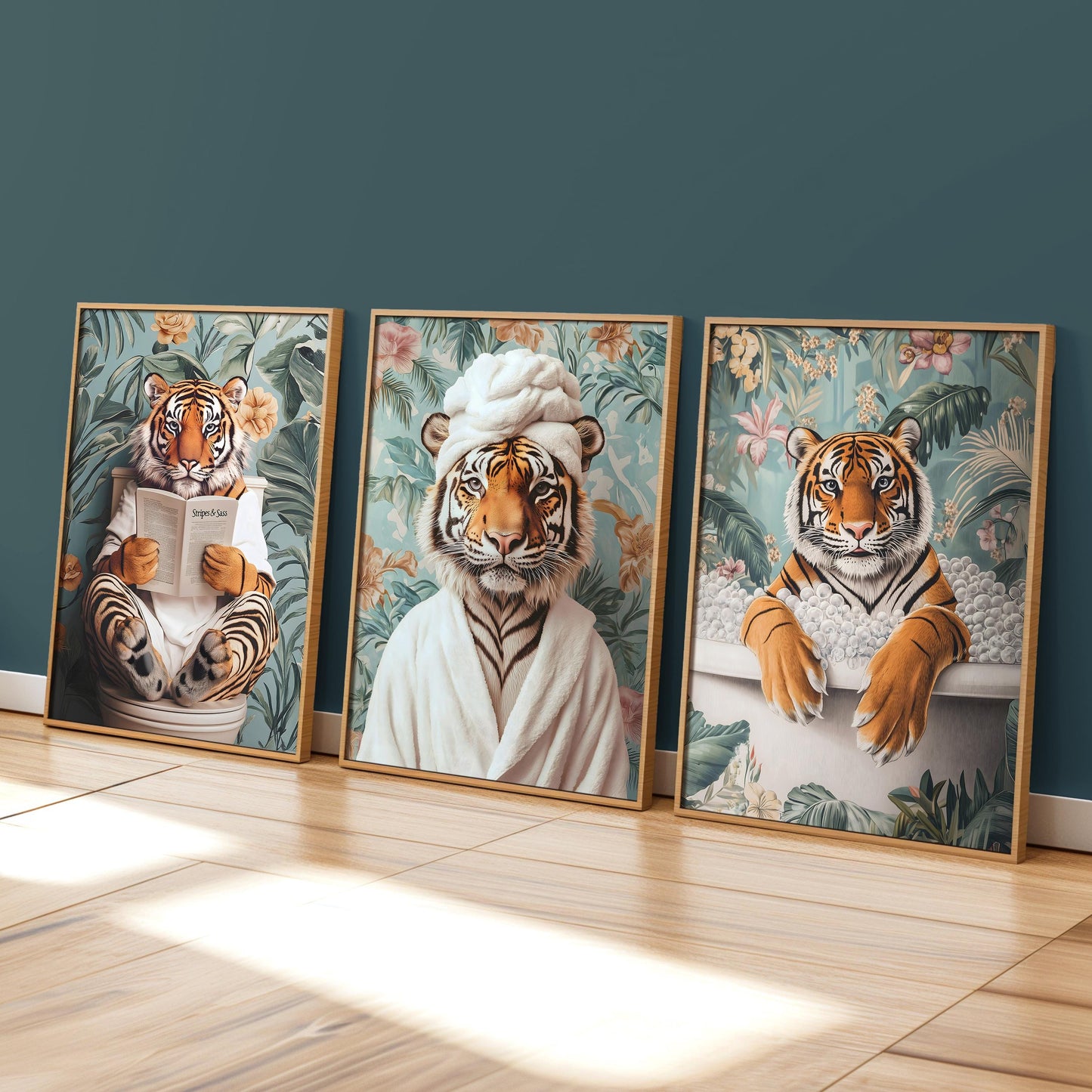 three paintings of tigers in a blue room