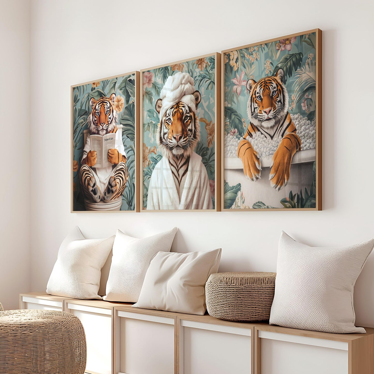 three paintings of tigers on a wall above a bench