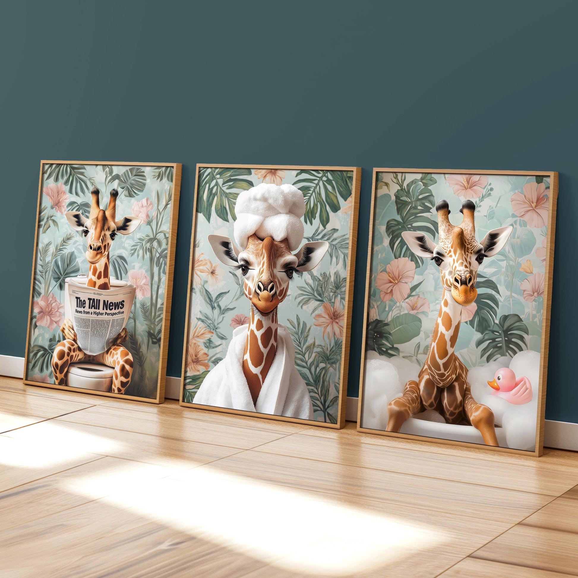 three framed pictures of giraffes and a baby giraffe