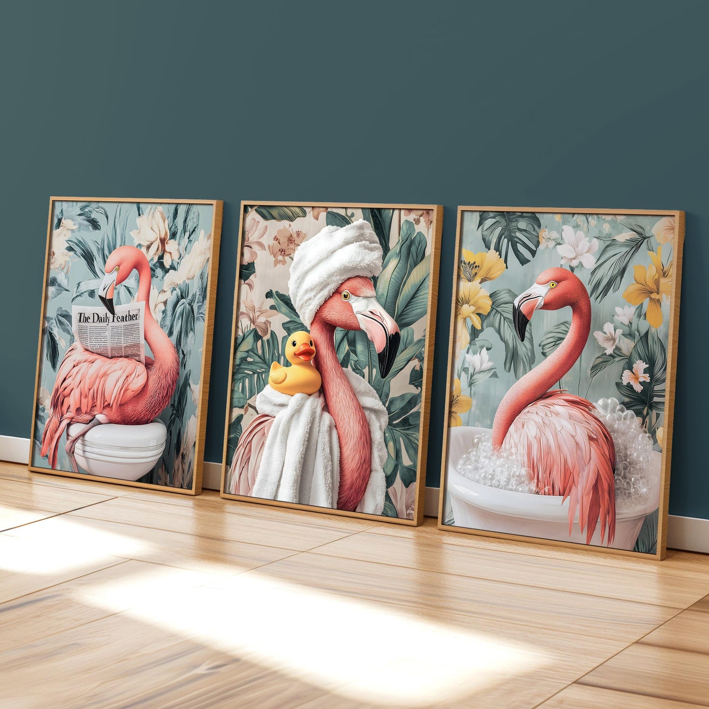 Set of 3 Flamingo Bathroom Wall Art Prints