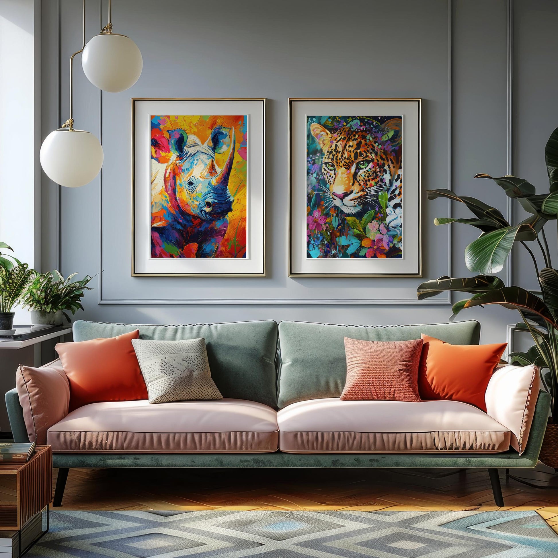 a living room filled with furniture and paintings on the wall