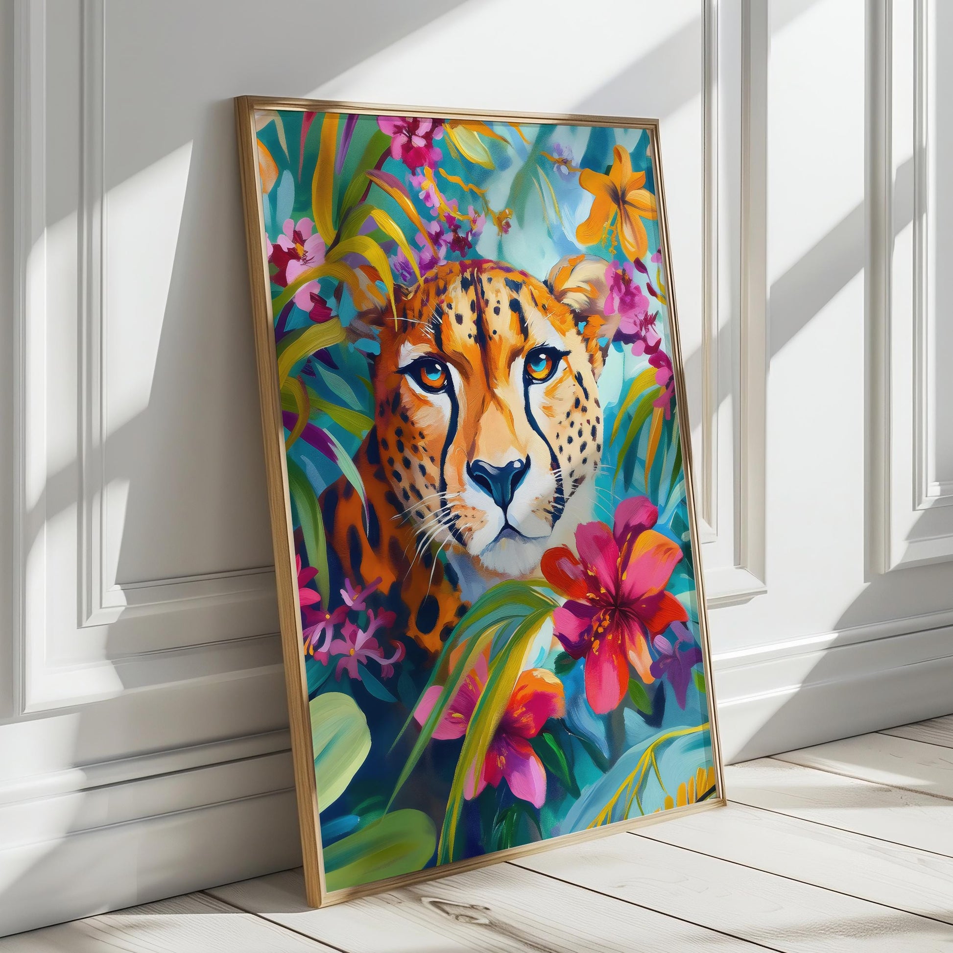 a painting of a cheetah surrounded by tropical flowers