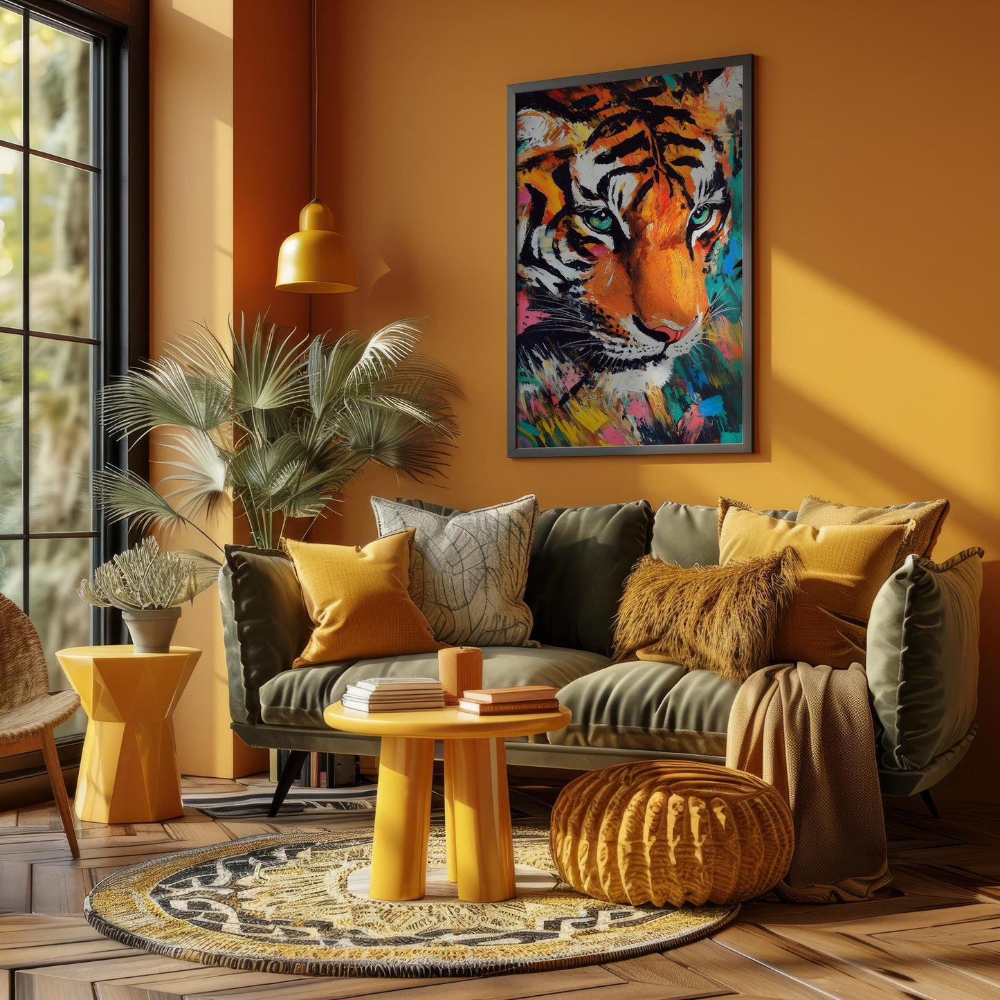 a living room with a tiger painting on the wall