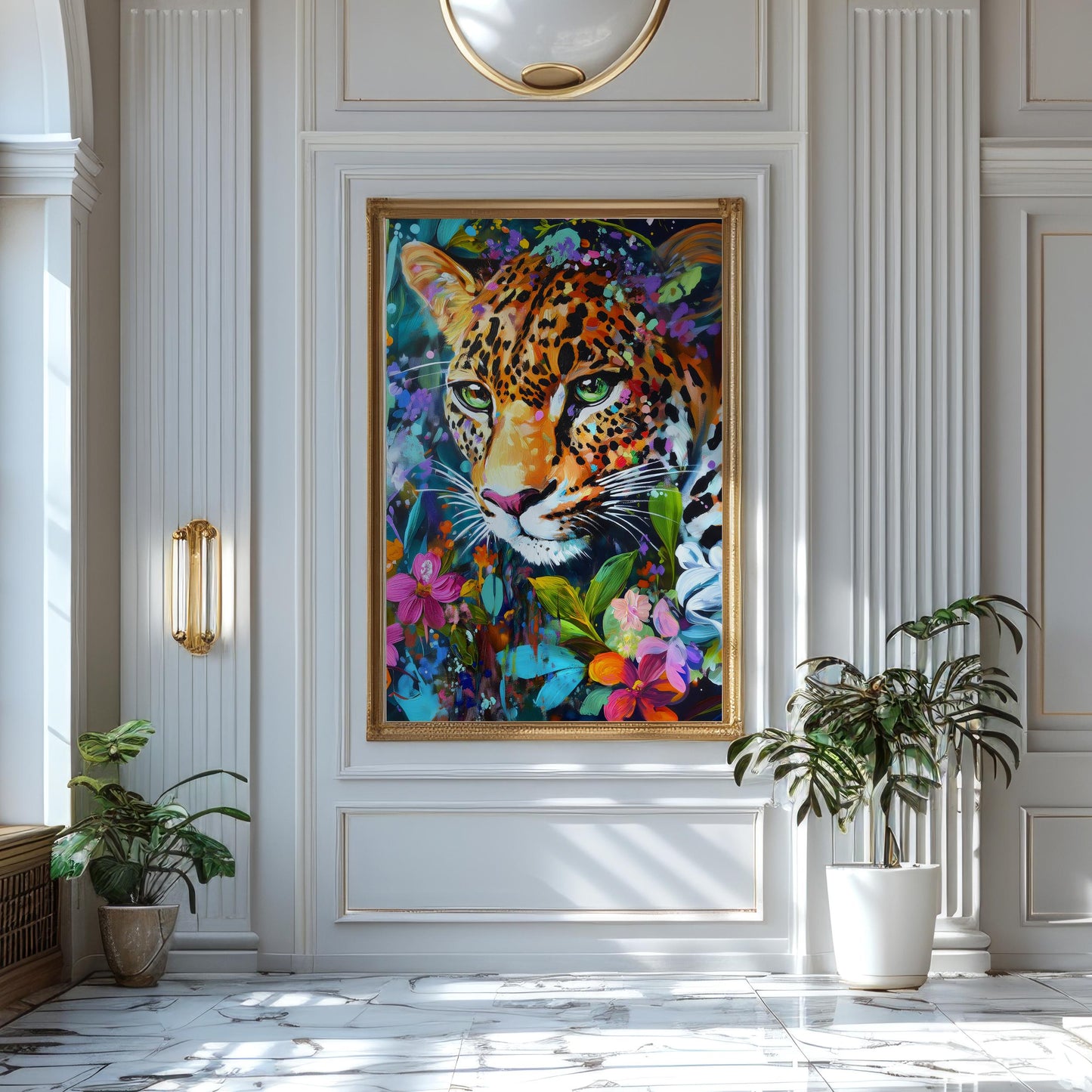 a painting of a tiger in a white room