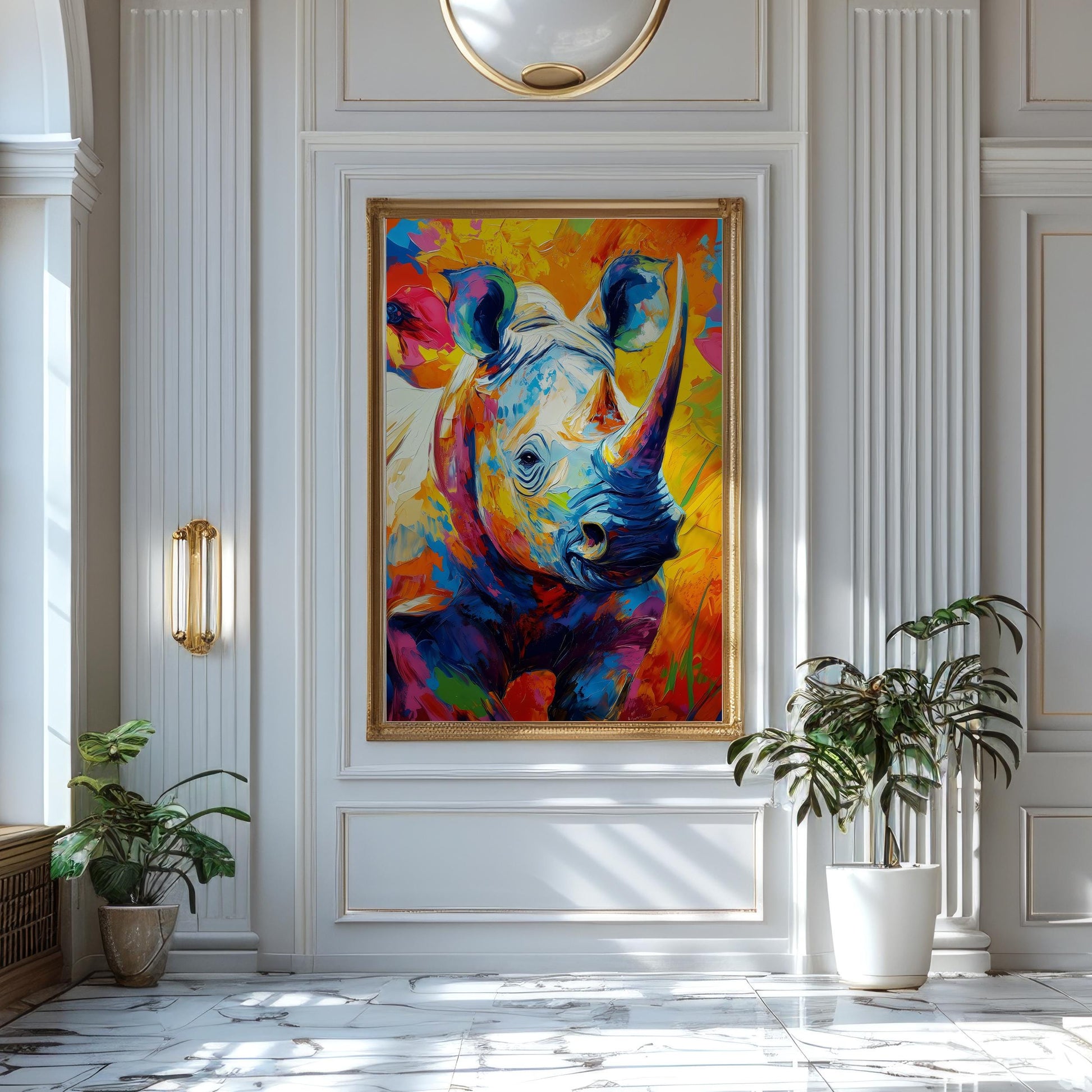 a painting of a rhino in a white room