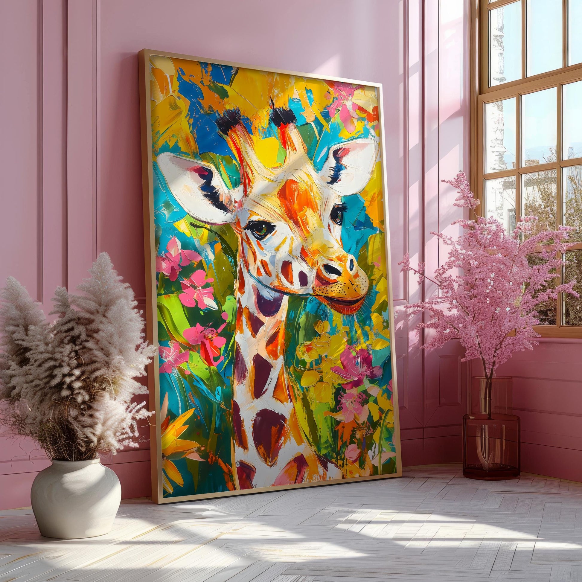 a painting of a giraffe in a pink room