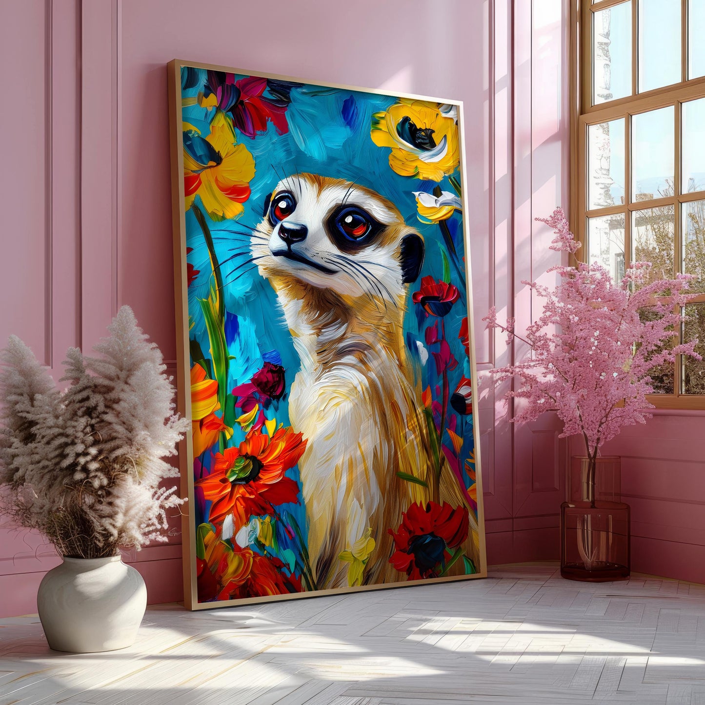 a painting of a meerkat on a pink wall