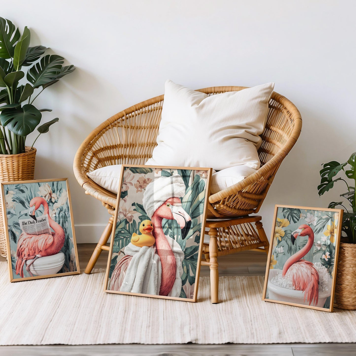 a wicker chair sitting next to a group of framed pictures