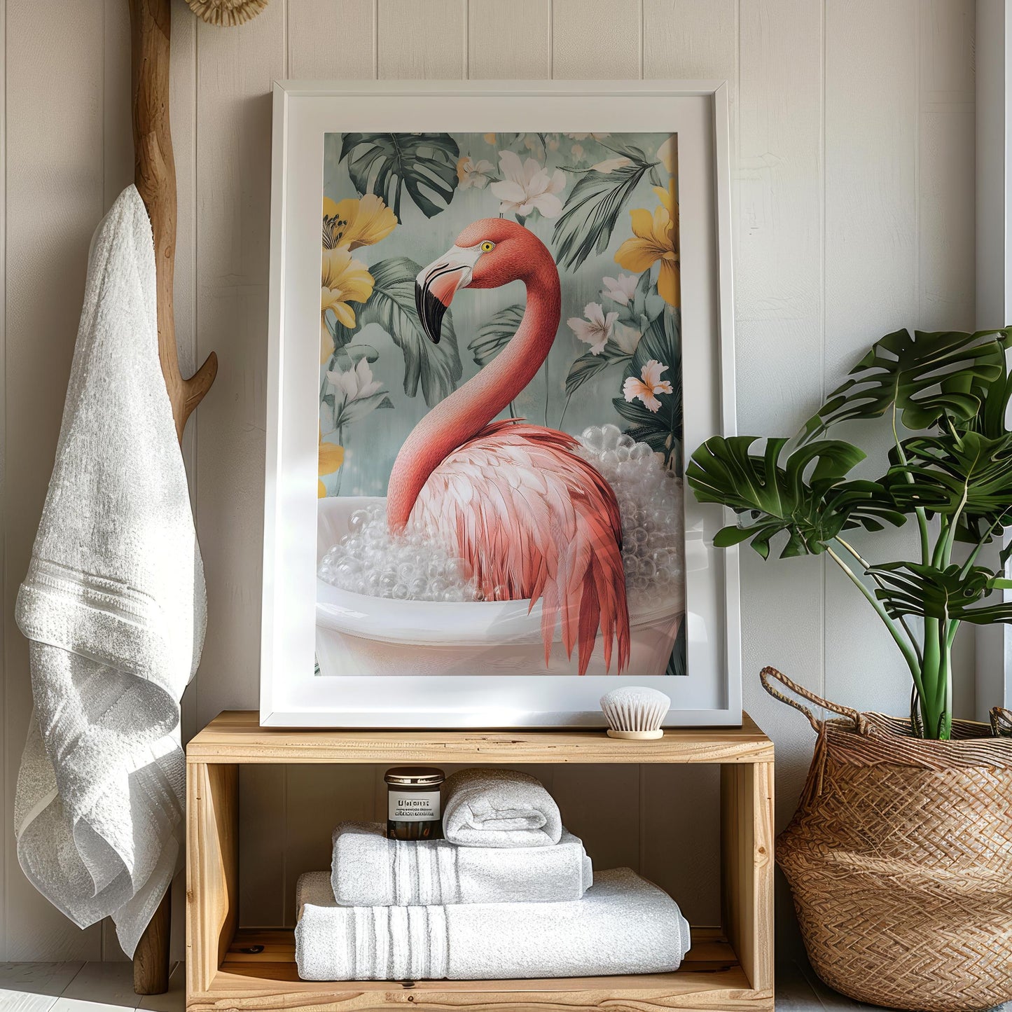 a picture of a pink flamingo in a bathtub