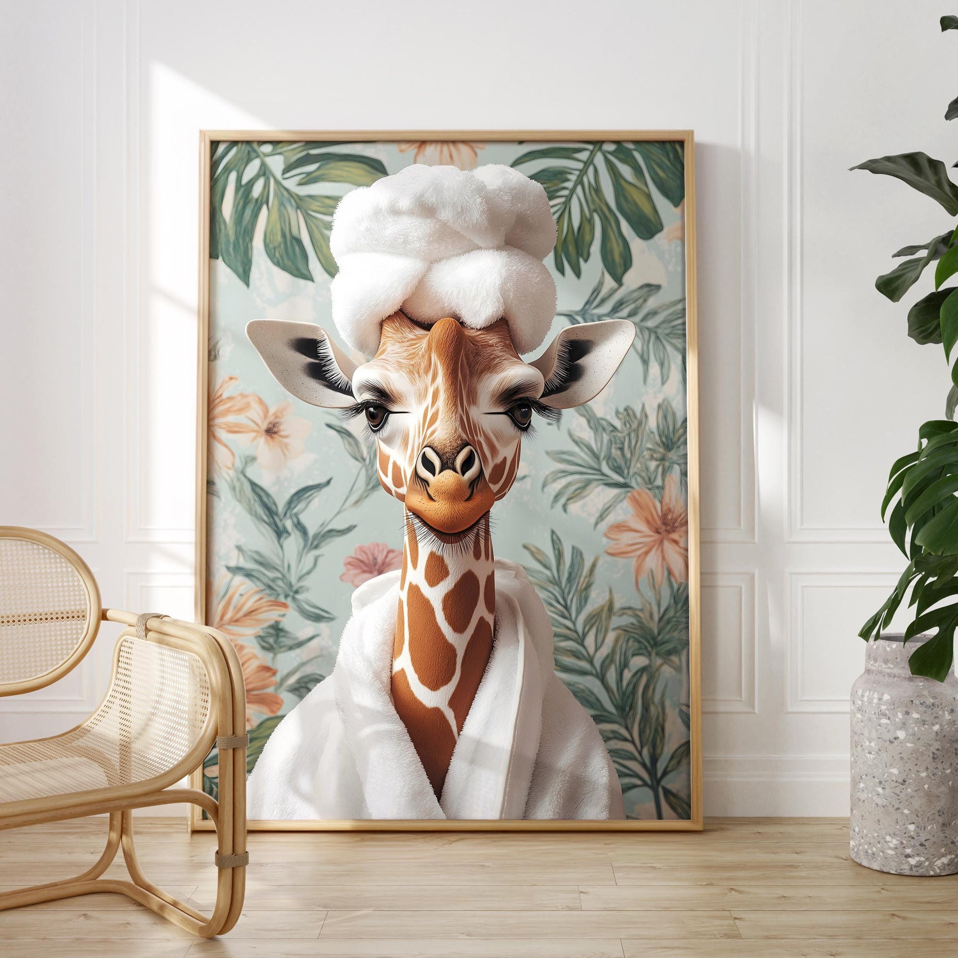 a painting of a giraffe wearing a white hat