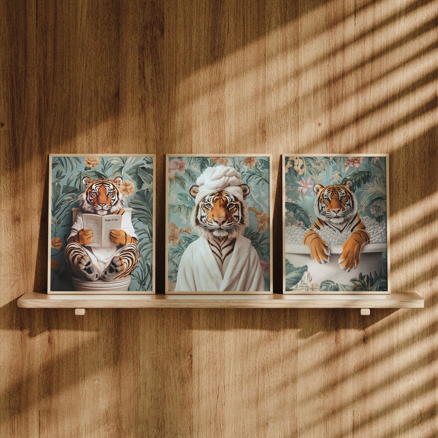 Set of 3 Funny Tiger Bathroom Wall Art Prints