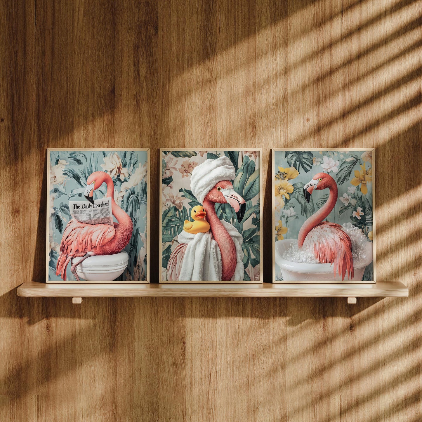 Set of 3 Flamingo Bathroom Wall Art Prints