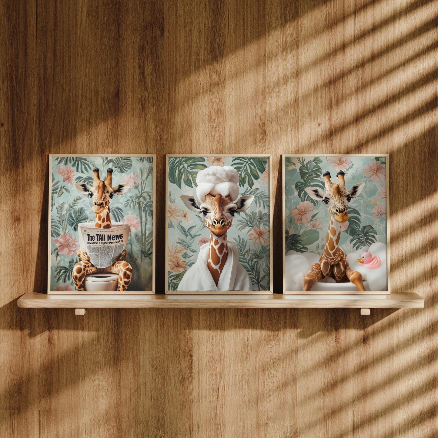 Set of 3 Funny Giraffe Bathroom Wall Art Prints