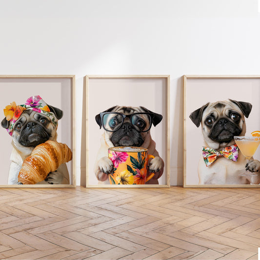 Pug Wall Art - Set of 3 Coffee Kitchen Prints